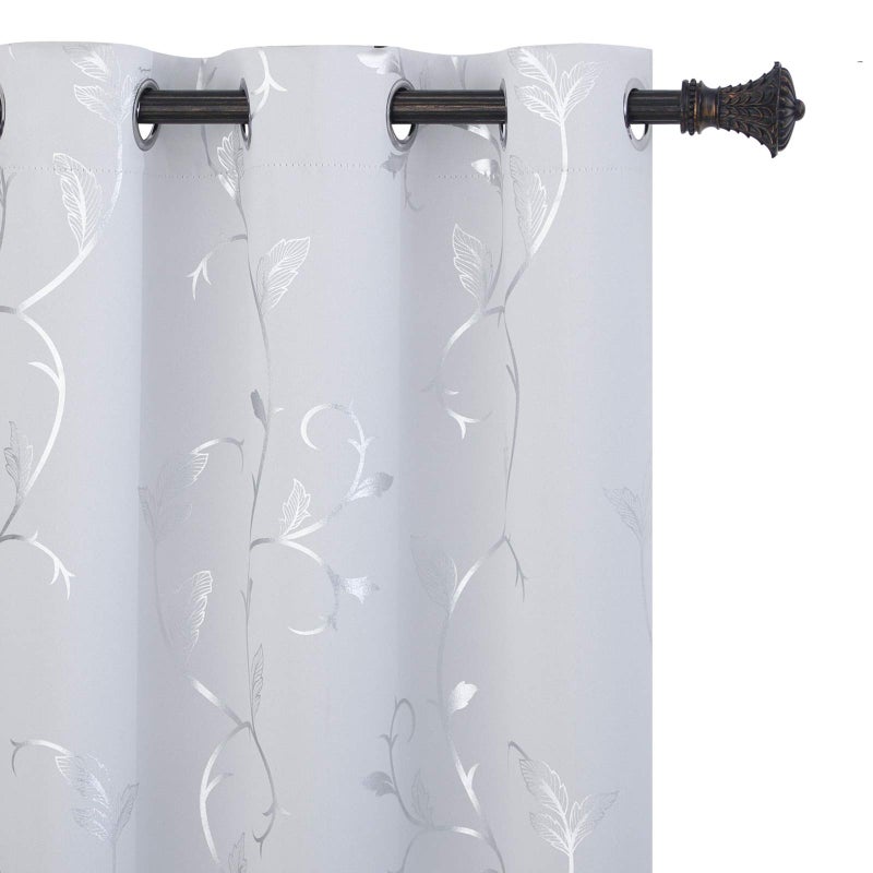 BUHUA Greyish White Curtains Shinny Silver Vine Print Design Blackout Window Curtains for Nursery 38Wx72L Set of 2 Panels - Image 1